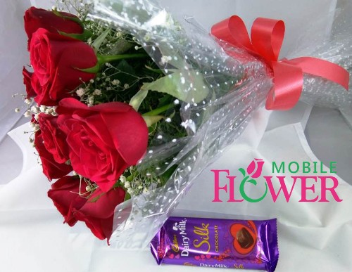 Red roses bunch with 1 cadbury silk chocolate by mobile flower pune